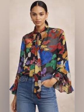 Alice & Olivia Sheer Floral Tie-Neck Blouse in Multi